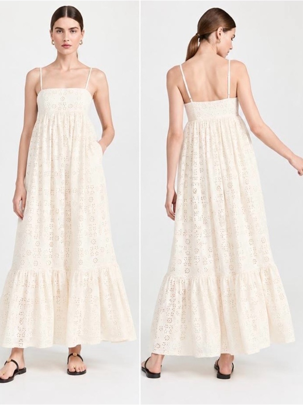 English Factory Cream Eyelet Maxi Dress with Ruffle Hem and adjustable straps